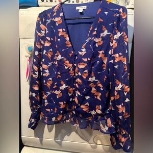 Nine West M business balloon evening blue orange office V Neck Blouse top